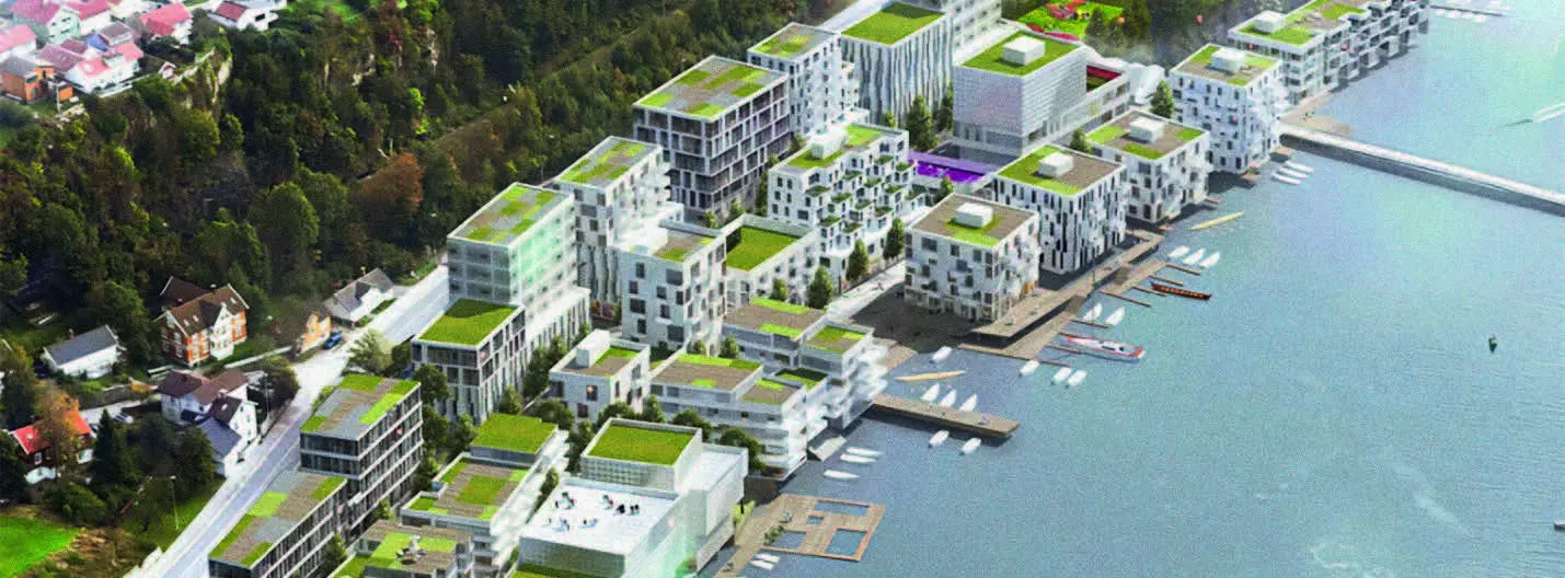 Skien Brygge - Réal Byggteknikk står for prosjektering av konsept for boliger, hotell kontorbygg og parkeringskjeller.