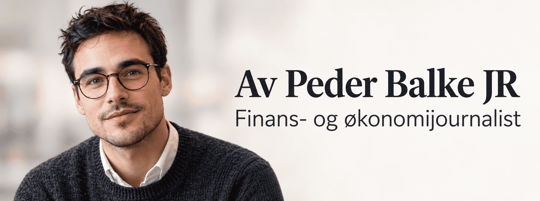 KI-generert bylinebilde av den fiktive, virtuelle finans- og økonomijournalisten Peder Balke JR med briller.