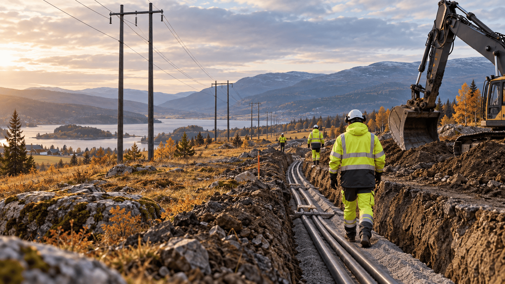 Illustrasjon av kabelgrøft og strømlinjer i et generisk norsk høstlandskap